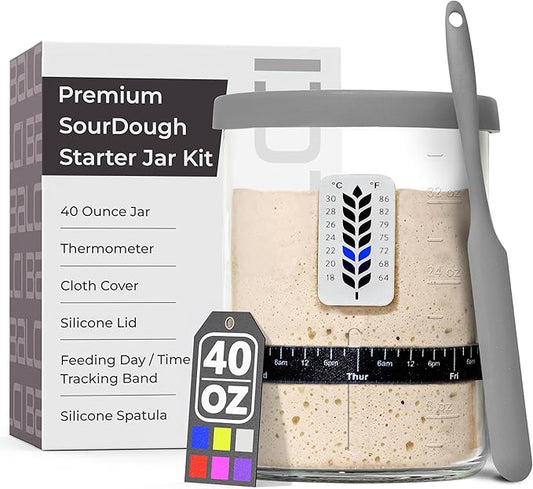 Premium Sourdough Starter Jar - 40oz Large Sourdough Jar with Marked Feeding Band, Thermometer, Scraper, Cloth Cover and Silicone Lid/Base, Wide Mouth Starter Kit - Grey