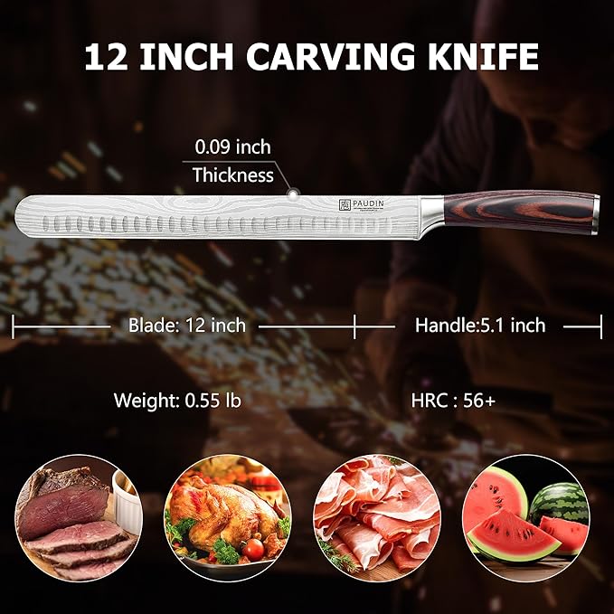 PAUDIN Brisket Knife, 12 Inch Carving Knife Stainless Steel Brisket Slicing Knifes with Granton Edge for Meat Cutting, Roasts, BBQ, Turkey
