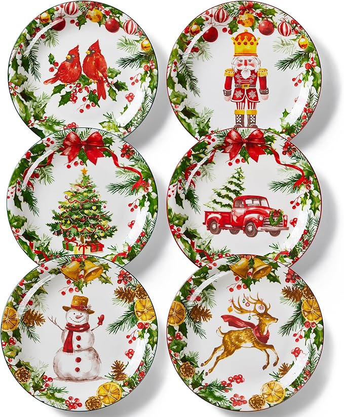 Christmas Dinner Plates, 10 Inch Ceramic Serving Plate Set for Pasta, Steak, Salads, Dishwasher and Microwave Safe, Christmas Dinnerware Set of 6