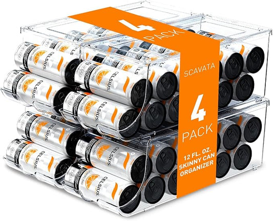 4 Pack Skinny Can Organizer for Refrigerator, Stackable Tall Skinny Soda Pop Can Holder Dispenser with Lid for Fridge Pantry Rack Freezer, Clear Plastic Storage Bins-Holds 12 Slim Cans Each