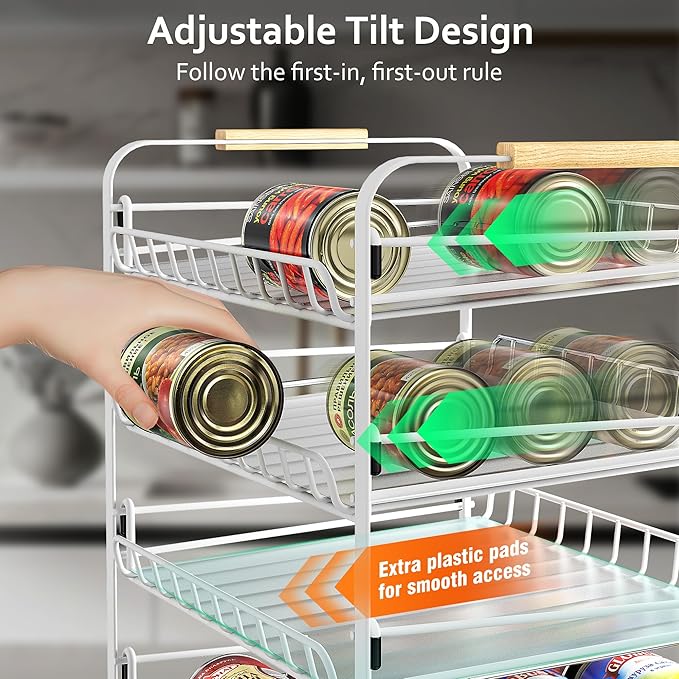 MAXIFFE 4 Tier Can Organizer for Pantry, 16.9"W×11.5"D×16.7"H, Space-Saving Adjustable Metal Hold 40 Standard 12-oz Cans Storage Rack Holder for Countertop Kitchen Soda Drinks Fruits, White