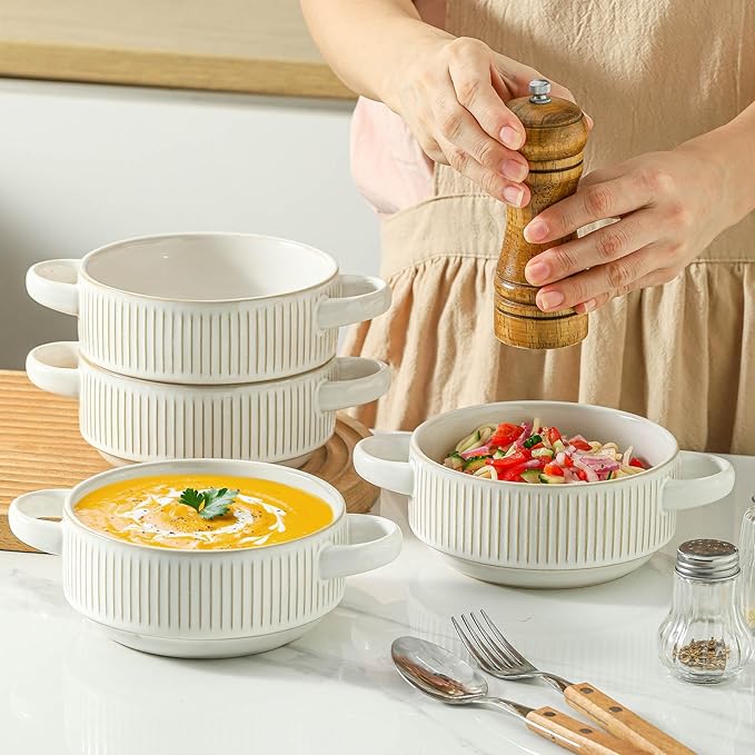 Soup Bowls with Handles, 20 oz French Onion Soup Crocks, Stackable Soup Bowl Oven Safe for Chili, Beef Stew, Embossment Ceramic Bowl Set - 5.4 Inch, Set of 4，Blue