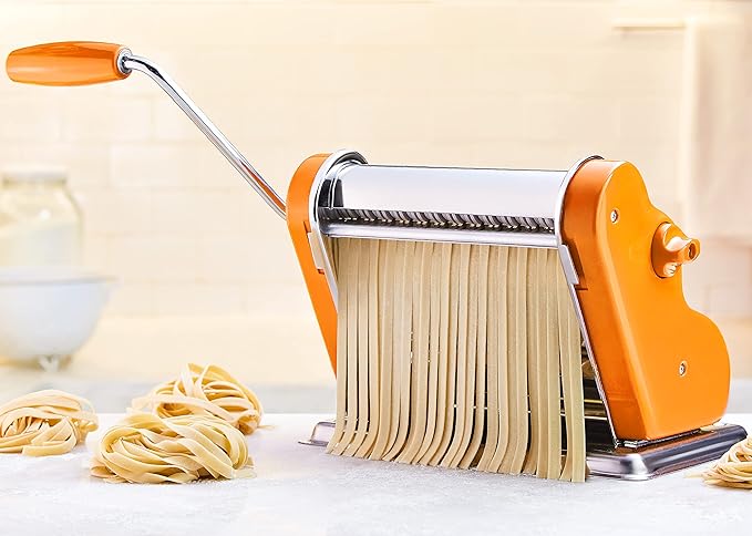 PASTALINDAClassic 200 Pasta Maker Machine, 20 cm Wide Rollers, 9 Thickness Positions, 2 Cutting Positions, Stainless Steel. Includes Reinforced Hand Crank And Two Clamps (Orange)