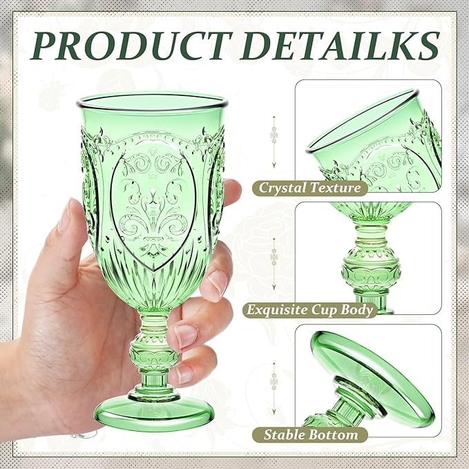 6 Pcs Plastic Goblets 7.5oz Vintage Goblet Plastic Wine Glasses Colored Retro Embossed Water Goblets for Wine Bar Juice Baby Shower Wedding Reception Grand Event Party (Green)