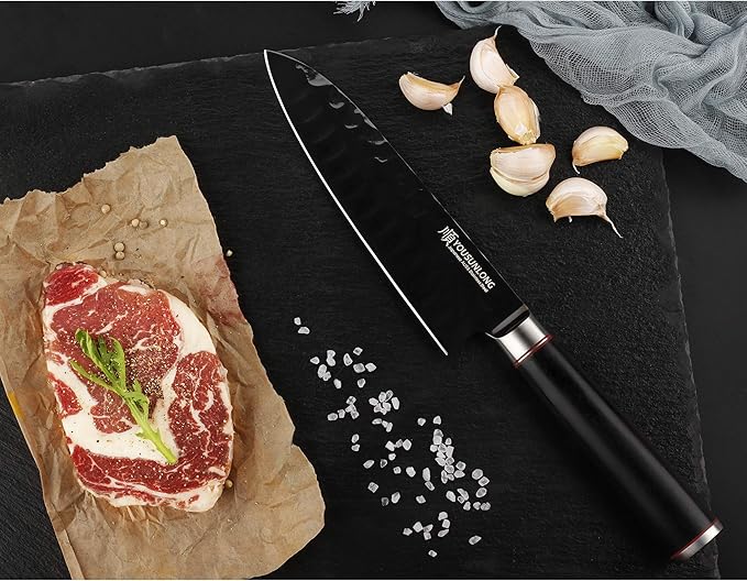 YOUSUNLONG Santoku Knife - 7 Inch Kitchen Knife Chef Knife -Japanese AUS8 Black Titanium Nitride Coated Steel - Natural Leadwood Handle