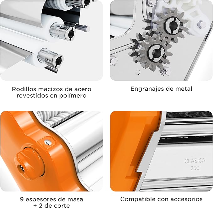 PASTALINDA Classic 260 Pasta Maker Machine, 26 cm Wide Rollers, 9 Thickness Positions, 2 Cutting Positions, Stainless Steel. Includes Reinforced Hand Crank And Two Clamps (Orange)