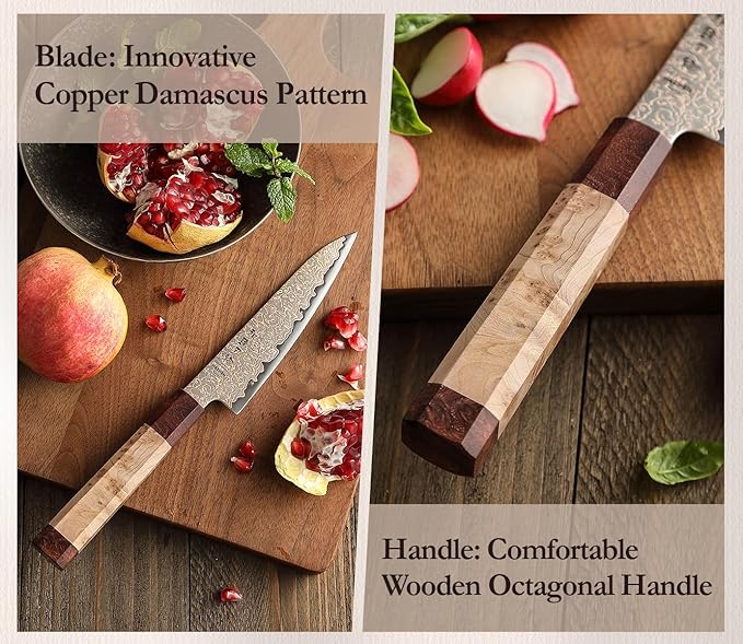 HEZHEN Kitchen Utility Knife, 5.5 Inches, 37 Layers Tricolor Copper Damascus Steel, Vegetable Fruit Knife, for Chefs and Home Cooking Using, Razor Sharp,Sycamore Wood Handle