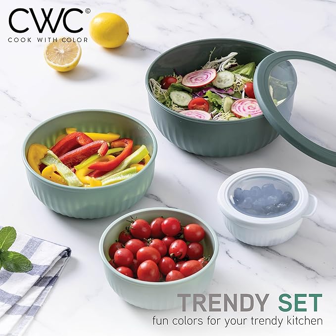 COOK WITH COLOR Prep Bowls with Lids- Wide and Deep Nesting Plastic Small Mixing Bowl Set with Lids, 8 Piece Set - Wide Bowls, Sage