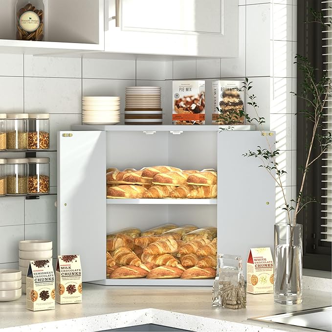 Corner Bread Box for Kitchen Countertop,Storage Container for Homemade Bread, Double Layer BreadBox, Large Capacity Bread Storage Bin, Vintage Farmhouse Breadbox Organizer,White