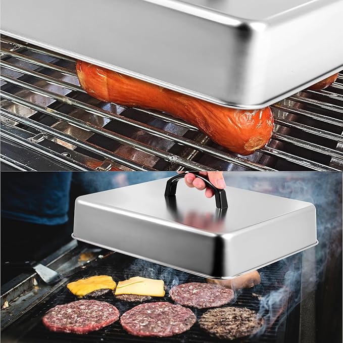 Rectangular Basting Cover, Stainless Steel Grill Cover Lid for Melting Cheese or Steaming Food, 13"(L) x 11.2"(W) x 2.5"(H), 2 Pack