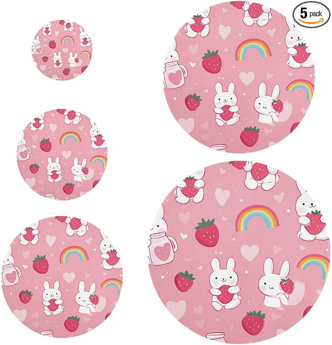 5 Pcs Bowl Covers Reusable in 5 Size Elastic Food Cover Cloth Lids Fresh Keeping Dish Cookware Bakeware Fabric Covers Lids for Food Leftovers Fruits Storage Cute Strawberry Rainbow Rabbit
