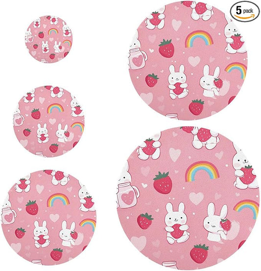 5 Pcs Bowl Covers Reusable in 5 Size Elastic Food Cover Cloth Lids Fresh Keeping Dish Cookware Bakeware Fabric Covers Lids for Food Leftovers Fruits Storage Cute Strawberry Rainbow Rabbit