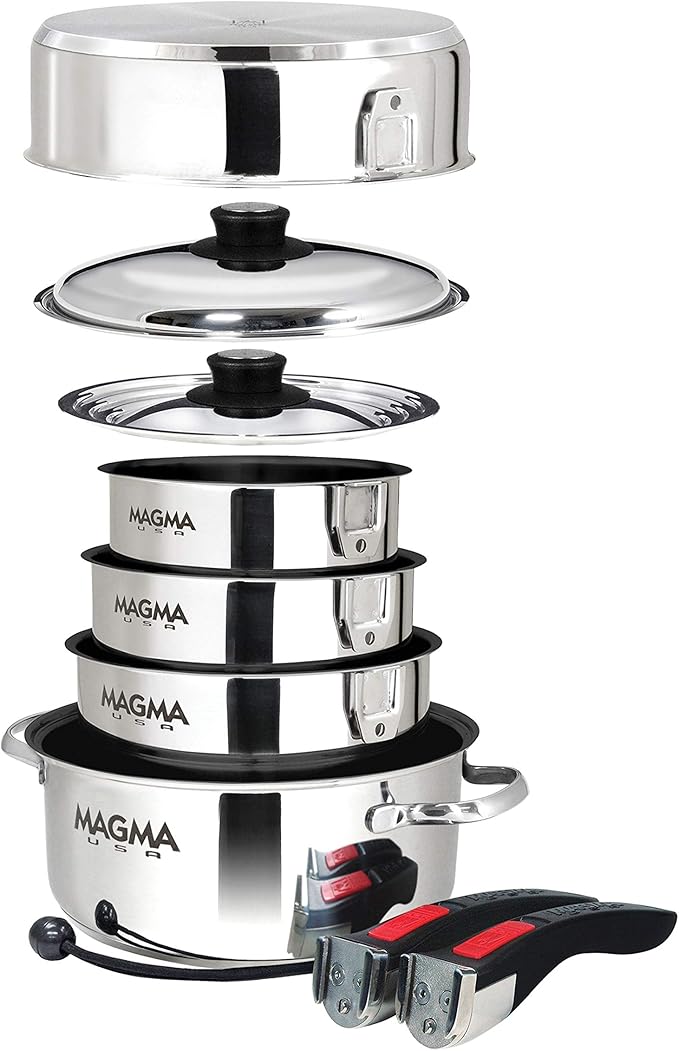 Magma 10 Piece Gourmet Nesting Stainless Steel Cookware Set with Ceramica Non-Stick, Induction Compatible, Oven Safe to 500°F - Suitable for All Stovetops, Removable Handles, Silver