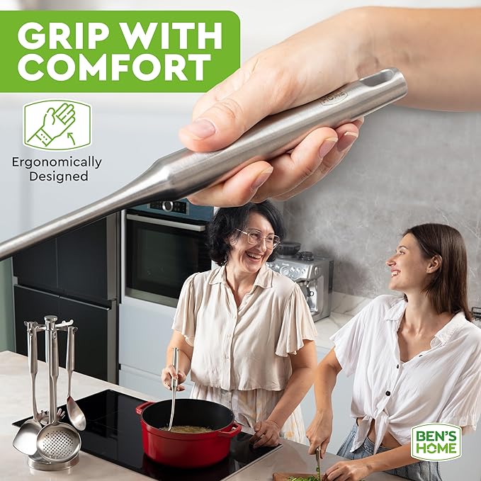 BEN'SHOME® Stainless Steel Utensil Tools Set with Holder Stand - Spatula, Spaghetti Server, Draining spoon, Serving spoon, Ladle, and Skimmer Spoon | Dishwasher Safe, Brushed Finish