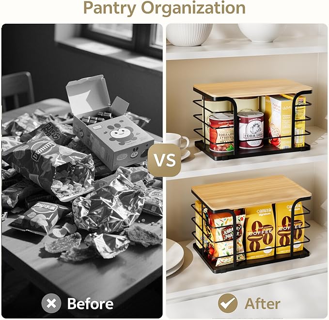 2 Pack Stackable Storage for Kitchen Laundry Pantry Organizers,Trash Bag Holder with Bamboo Top,Wall Mount Garbage Bag Dispenser,Black Large and Small