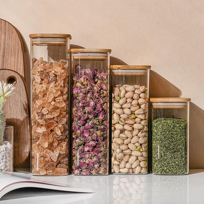 71oz Rectangle Airtight Glass Storage Containers with Bamboo Lids (Set of 3), Square Food Storage Jar, Pantry Organizers for Sugar, Flour, Spaghetti and Coffee beans (‎with Black Lable)