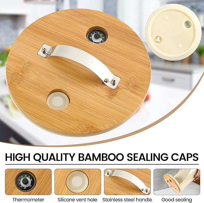 Rice Dispenser, Rice Storage Container：Flour and Cereal Container with Airtight Lid and Wooden Stand, Glass Food Storge Container for Kitchen Organization and Pantry Store (5L)