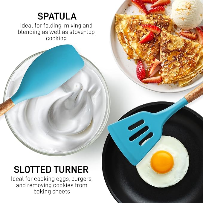 Zulay Kitchen Non-Stick Cooking Utensils Set with Authentic Acacia Wood Handles – 5-Piece Durable & Stylish Silicone Kitchen Utensils Set – Heat Resistant to 464°F – Blue