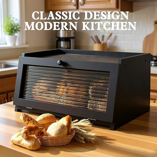 Bread Box for Kitchen Countertop Large Bread Box Farmhouse Bread Container Bread Storage with Window Bread Holder Black