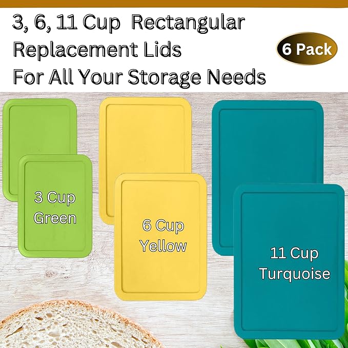 3, 6 & 11 Cup Spring Green, Yellow, Turquoise Replacement Lids/Covers for Pyrex, Anchor Hocking & KlareWare Storage Bowls *Lids Only Glass Container Not Included* (6 Pack *Two of Each Size*)