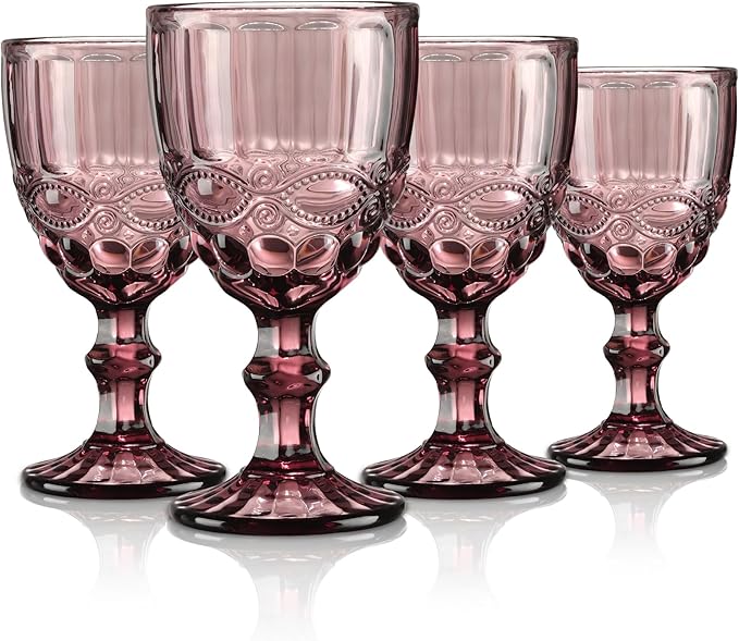 Joeyan Purple Vintage Wine Glasses,Clear Water Goblet Glasses,Stemmed Drinking Glasses with Embossed Pattern,Colored Glassware Set for Wedding Party Banquet Feast,10 oz,Set of 4,Dishwasher Safe