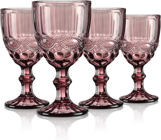 Joeyan Purple Vintage Wine Glasses,Clear Water Goblet Glasses,Stemmed Drinking Glasses with Embossed Pattern,Colored Glassware Set for Wedding Party Banquet Feast,10 oz,Set of 4,Dishwasher Safe