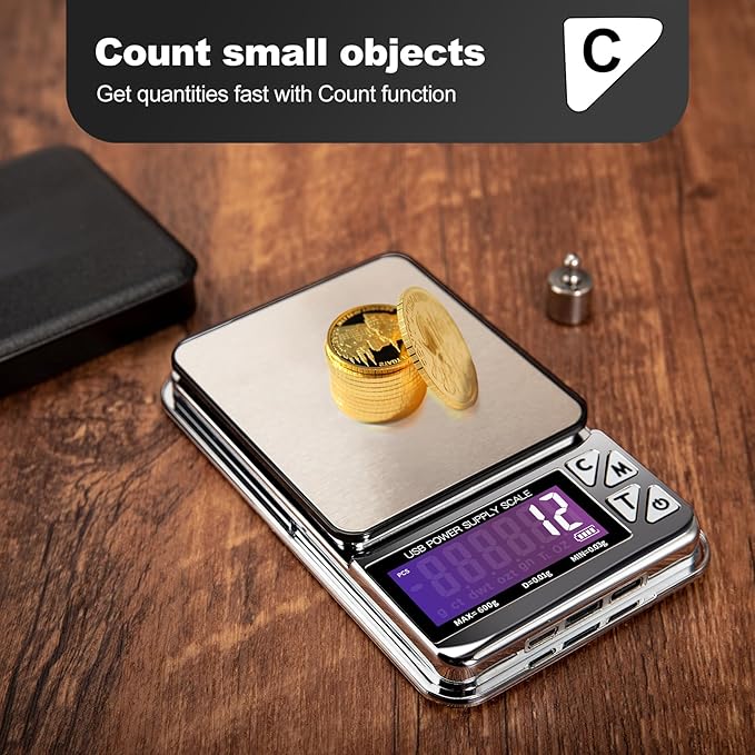MEIYA Coin Scale, 600g x 0.01g Jewelry Scale with 7 Units & USB Charging, Digital Portable Pocket Gram Scale for Coin Collectors, Jewelers, Gold, Silver Dollar