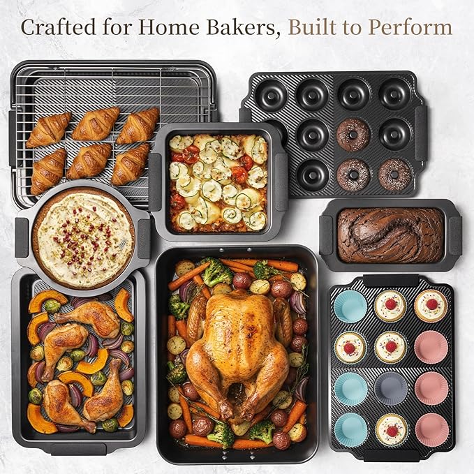 Kikcoin 25 PCS Stackable Baking Pans Set, Non-stick Bakeware Sets with Silicone Handles, 450°F Oven Safe Cookie Sheets for Baking, Easy Release Heavy-duty Baking Sheets Non Stick, Black