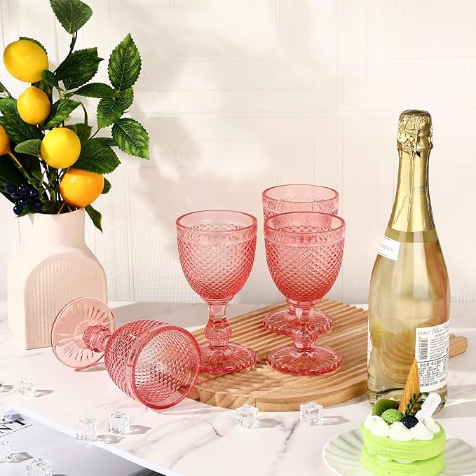 Bokon 6 Pack Pink Glass Goblets Set 10 oz High Clear Wine Glass Vintage Water Goblets Cups Embossed Diamond Design Glassware with Stem for Drinking Juice Liquor Party Wedding Bar