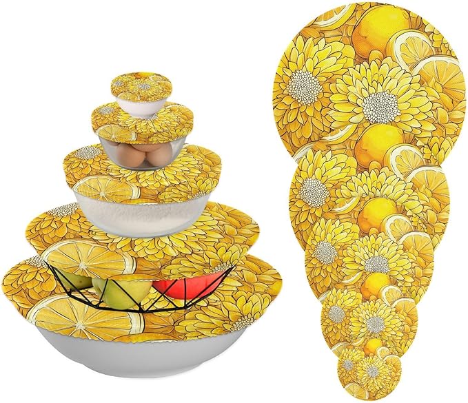5 Pcs Bowl Covers Reusable in 5 Size Elastic Food Cover Cloth Lids Fresh Keeping Dish Cookware Bakeware Fabric Covers Lids for Food Leftovers Fruits Storage Cartoon Yellow Chrysanthemum Flo