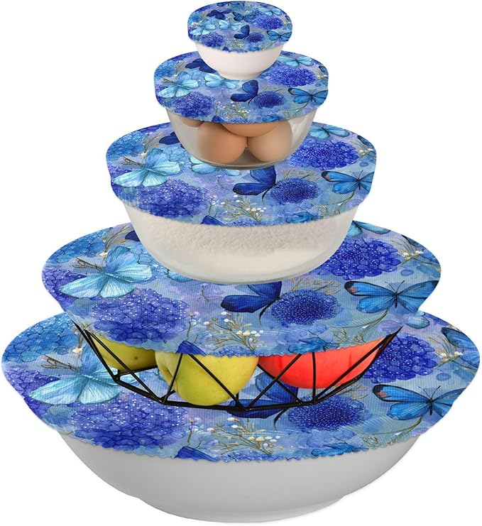 5 Pcs Bowl Covers Reusable in 5 Size Elastic Food Cover Cloth Lids Fresh Keeping Dish Cookware Bakeware Fabric Covers Lids for Food Leftovers Fruits Storage Ink Blue Hydrangea Butterfly
