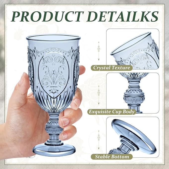 6 Pcs Plastic Goblets 7.5oz Vintage Goblet Plastic Wine Glasses Colored Retro Embossed Water Goblets for Wine Bar Juice Baby Shower Wedding Reception Grand Event Party (Multicolor)