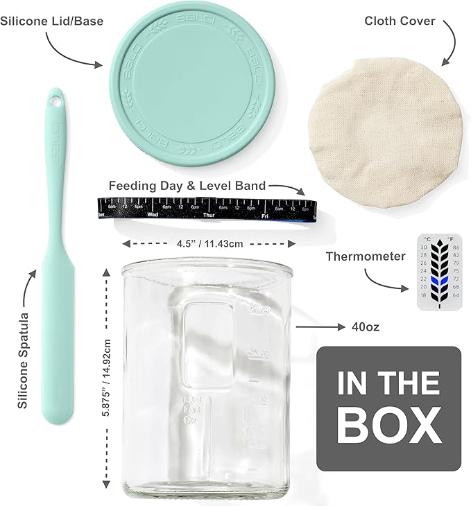 Premium Sourdough Starter Jar - 40oz Large Sourdough Jar with Marked Feeding Band, Thermometer, Scraper, Cloth Cover and Silicone Lid/Base, Wide Mouth Starter Kit - Mint