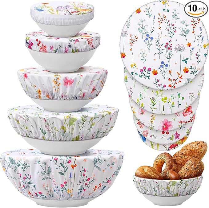 Patelai 10 Pcs Bowl Covers Reusable in 5 Size Stretch Cloth Fabric Elastic Food Storage Bowl Covers Bread Sourdough Lids for Proofing Food Fruits Leftover (Spring Style)