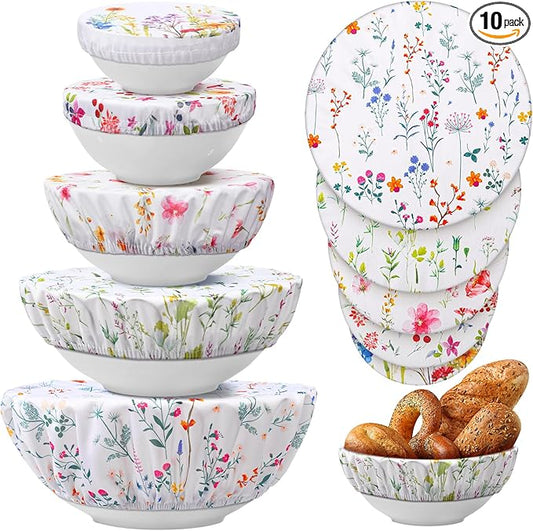 Patelai 10 Pcs Bowl Covers Reusable in 5 Size Stretch Cloth Fabric Elastic Food Storage Bowl Covers Bread Sourdough Lids for Proofing Food Fruits Leftover (Spring Style)
