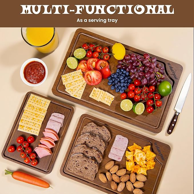 Extra Large Bamboo Cutting Board for Kitchen (Set of 3), with Deep Juice Grooves & Built-in Handles, Kitchen Gifts for Meat & Vegetables and Fruits, Durable Wood Cutting Boards with Holder