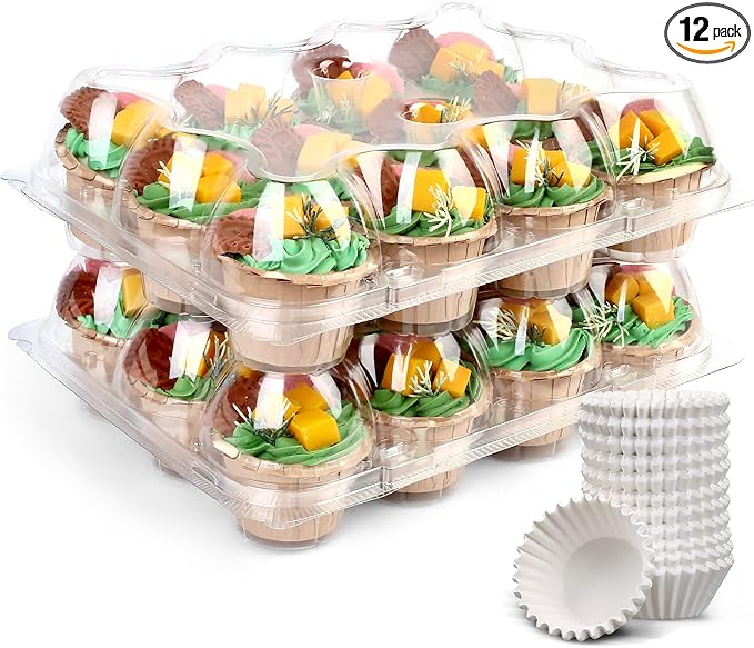 LotFancy Cupcake Containers 12 Count, 12 Sets, Plastic Dozen Cupcake Boxes, Disposable Cupcake Carrier Holder with Detachable Tall Dome Lid, BPA Free, Standard Size