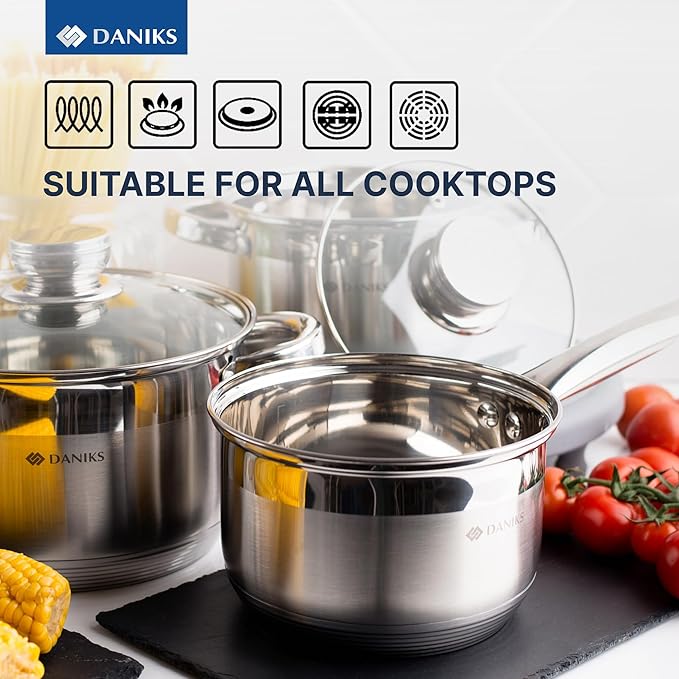 Daniks Standard 9-Piece Stainless Steel Induction Cookware Set, Saucepan, Dishwasher Safe Pots, Measuring Scale, Glass Lids, For Soup, Pasta, Stew, Silver