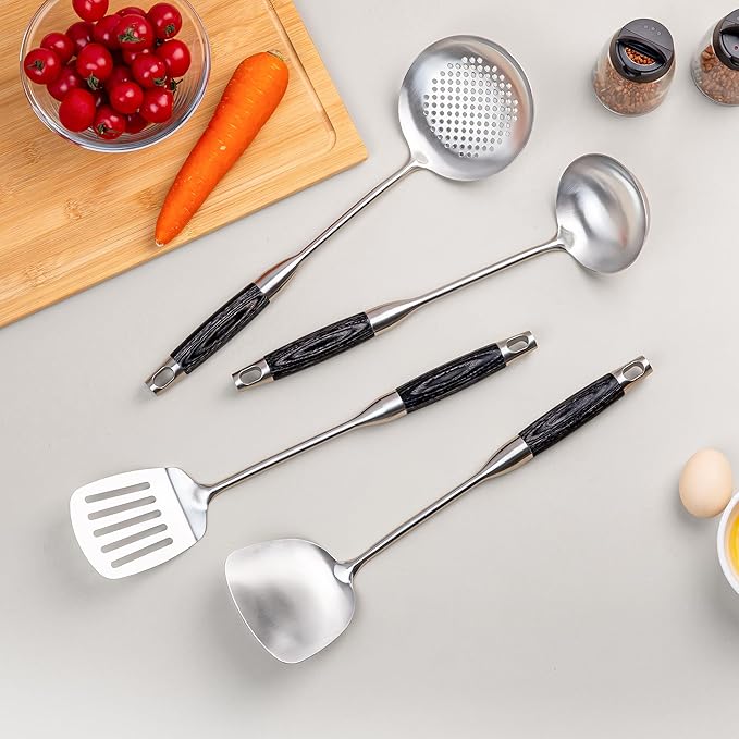 FJNATINH Wok Spatula Set Large Spatula Slotted Turner Soup Ladle Slotted Spoon for Cooking Utensils Set Long Wooden Handle Ladles Kitchen Metal Spatula Cooking Spoons,4PCS