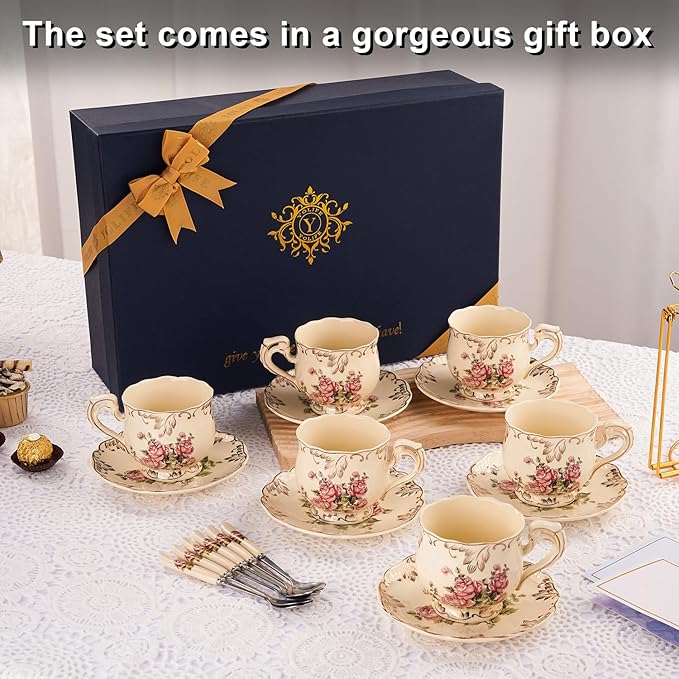 YOLIFE Tea Cups and Saucers Set of 6, Ivory Porcelain Tea Cups Set with Stand, Rose with Gold Leaves Trim Design, Gift for Women (Includes Gift Box, Tote Bag, Greeting Card)
