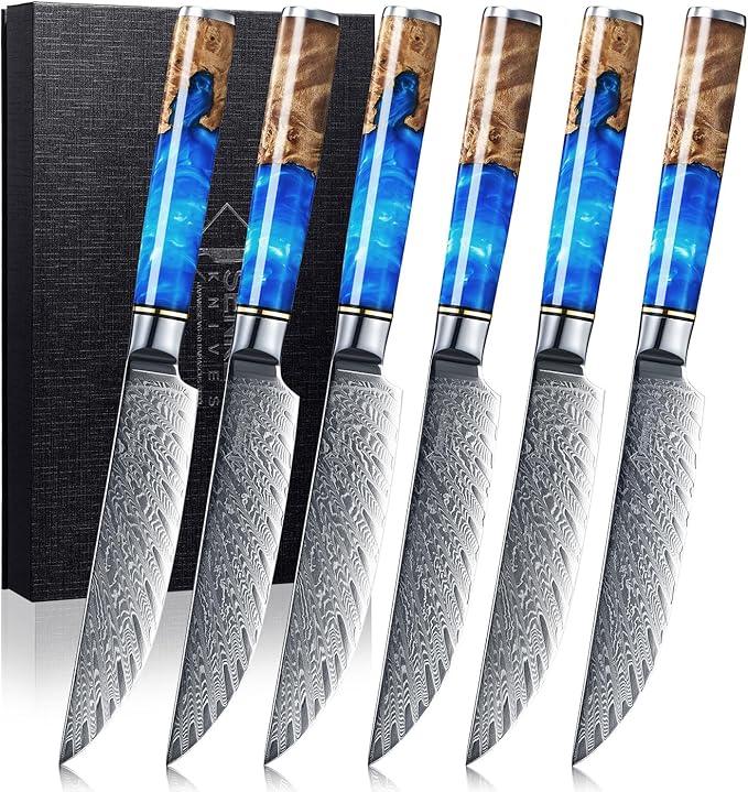 SENKEN Damascus Steak Knife Set - Tsunami Collection - 67-Layer Japanese VG10 Steel - Razor Sharp Non-Serrated Blades, Blue Resin & Natural Wood Pattern Handles, Luxury Gift Box (6 Steak Knife Set)