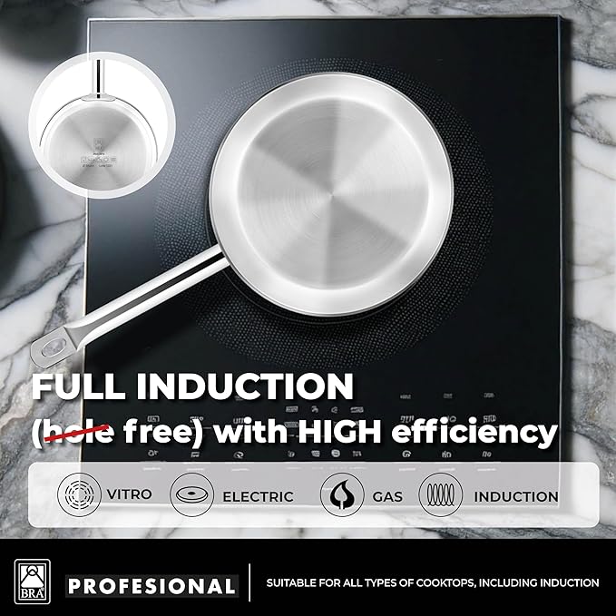 BRA COOKWARE Profesional Frying Pan | 9.5 inches Professional Skillet | Stainless Steel Pan w/o Non-Stick Coating | All Stovetop Compatible - Full Induction Skillet | 100% PFOA Free | Brushed Finish