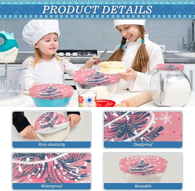 5 Pcs Bowl Covers Reusable in 5 Size Elastic Food Cover Cloth Lids Fresh Keeping Dish Cookware Bakeware Fabric Covers Lids for Food Leftovers Fruits Storage Pink Christmas Tree