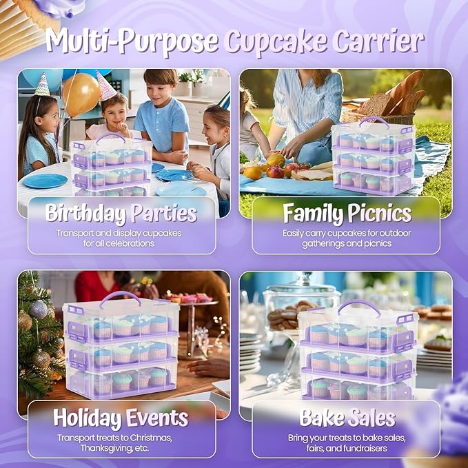 Flexzion 36 Cupcake Carrier 3 Tier Stackable Storage Container Collapsible Cake Carrier with Lid and Handle, Reusable Rectangular Plastic Dessert Travel Container, Display Holder Transport Box