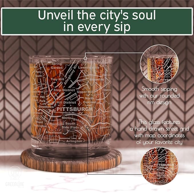 Greenline Goods Whiskey Glasses - 10 Oz Tumbler Gift Set for Pittsburgh lovers, Etched with Pittsburgh Map | Old Fashioned Rocks Glass - Set of 2