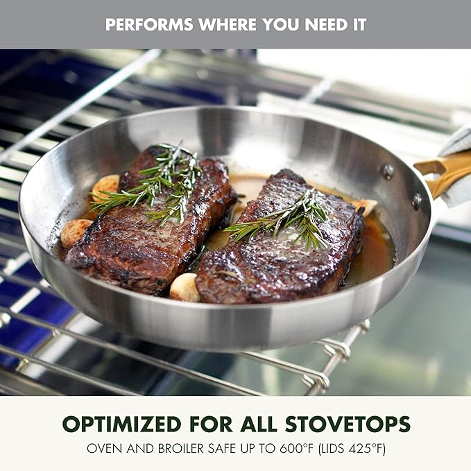 GreenPan Stainless Steel Tri-Ply Reserve 10” and 12” Frying Pan Skillet Set, Multiclad Cookware, PFAS-Free, Induction, Oven & Broiler Safe to 600°F, Heat Responsive Core, Dishwasher Safe, Gold Handles