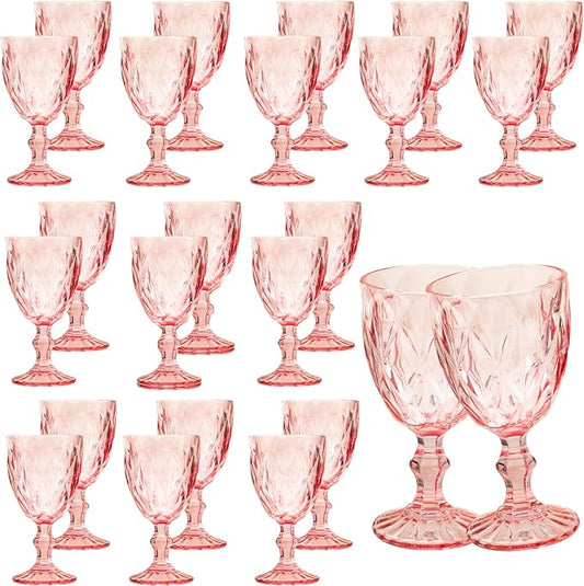 24 Pcs Vintage Wine Glasses, 10 Ounce Colored Glass Water Goblets, Unique Embossed Pattern High Clear Stemmed Glassware Wedding Party Bar Glass Drinking Cups Fancy Wine Glasses Pink Set of 24
