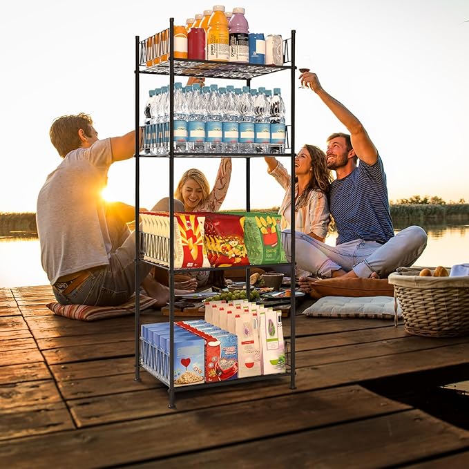 smusei Water Bottle Storage Rack 4 Tier Freestanding Floor Bottled Water Organizer Shelf Large Capacity Metal Beverage Soda Can Drink Holder Stand for Pantry Kitchen Living Room, Black