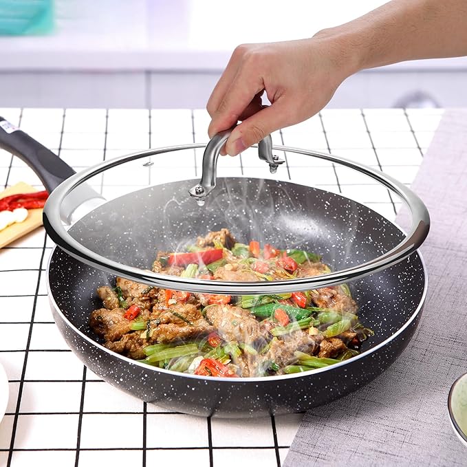 Luxshiny 13-Inch Tempered Glass Pot Lid with Handle - Universal for Frying Pans, Cast Iron Skillets, and Pots - Heat-Resistant Glass with Stainless Steel Edges for Clear Cooking Visibility