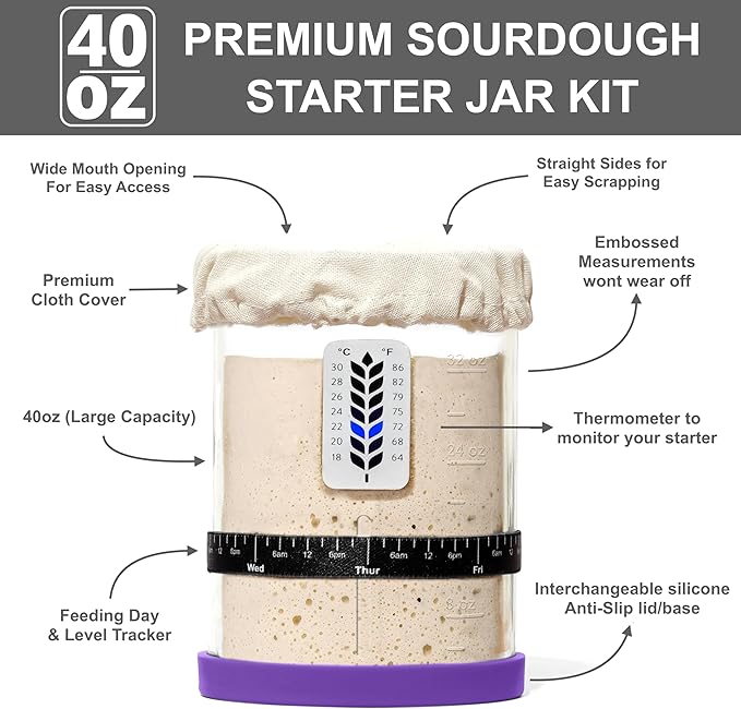 Premium Sourdough Starter Jar - 40oz Large Sourdough Jar with Marked Feeding Band, Thermometer, Scraper, Cloth Cover and Silicone Lid/Base, Wide Mouth Starter Kit - Green/Purple
